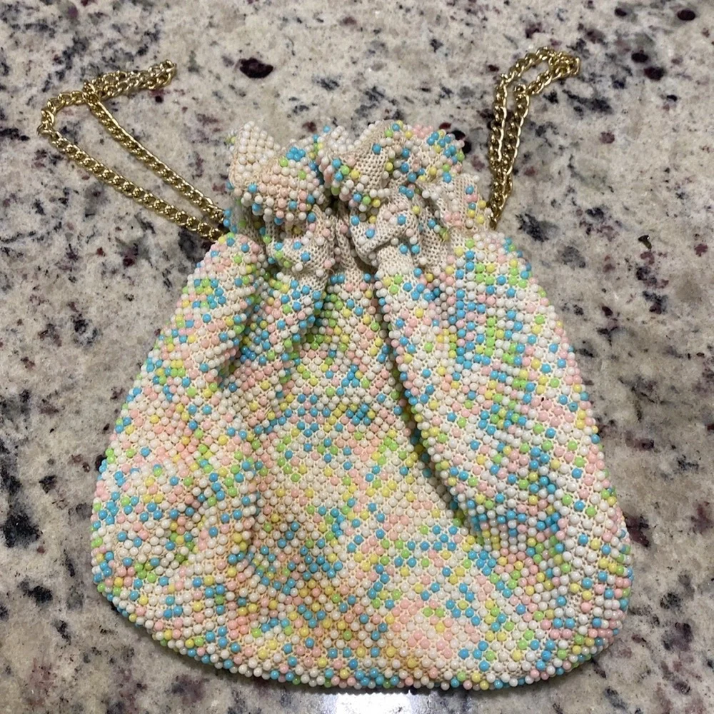 Vintage Pastel Beaded Multicolor Evening Bag with Gold Chain